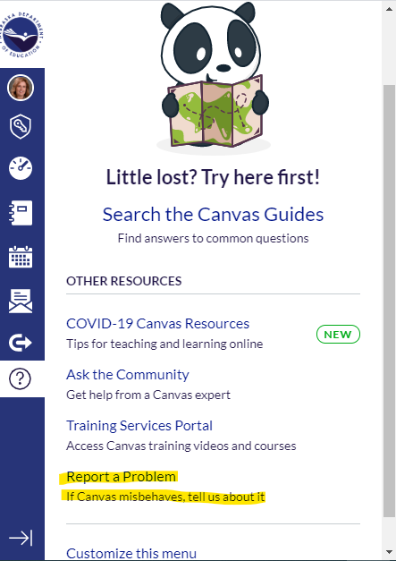 Screen shot of Canvas Help menu