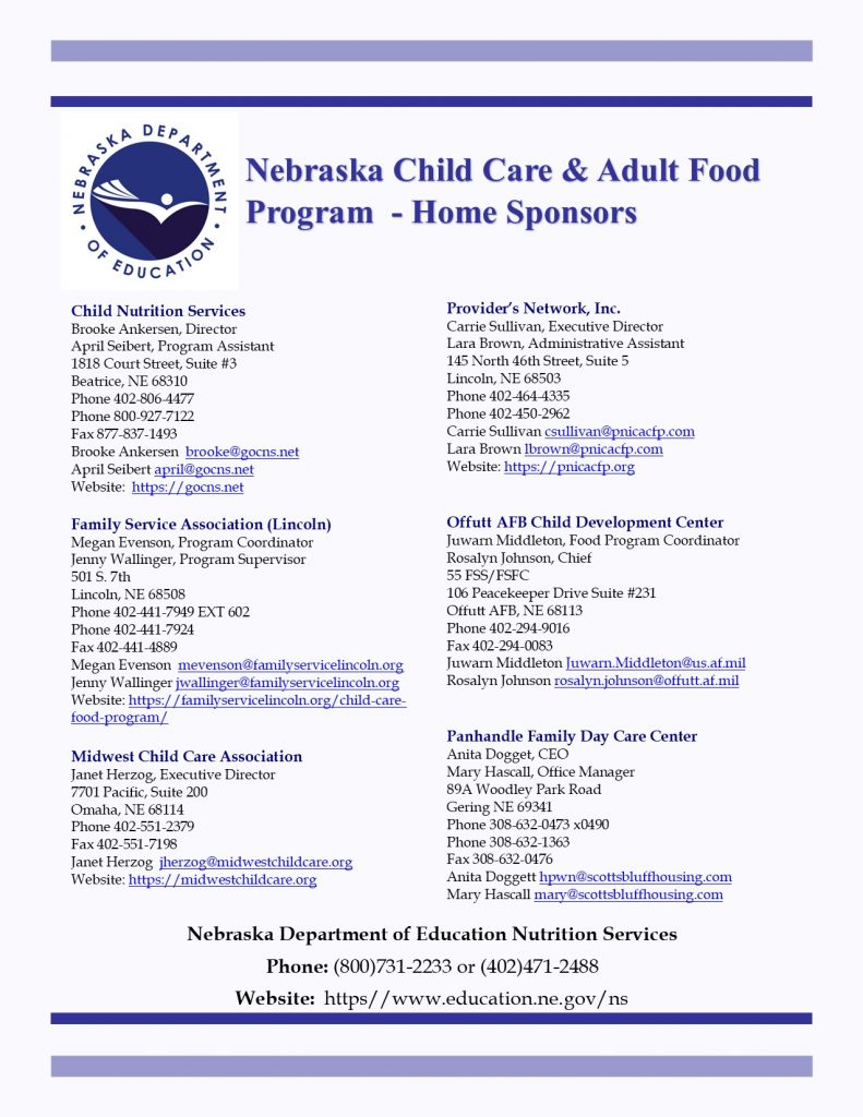 Nebraska Child care and Adult food program - Home sponsors.