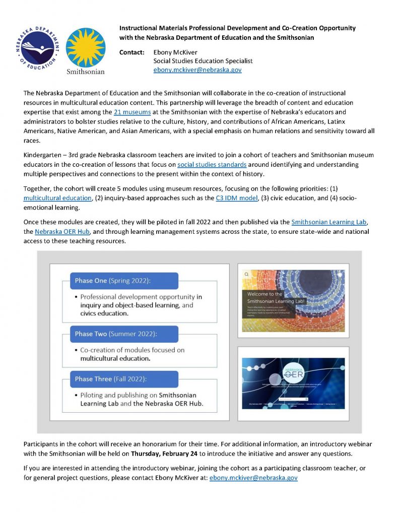 Informational one-pager that describes a paid opportunity for K-3 educators to collaborate with NDE and the Smithsonian to develop instructional materials.