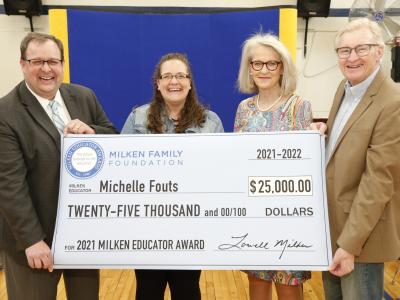 From left, Dr. Matthew L. Blomstedt, Commissioner of Education; Michelle Fouts, 2021 Nebraska Milken Educator; Maureen Nickels, State Board Member, District #6; and Robin Stevens, State Board Vice President, District #7. Photo courtesy of the Milken Family Foundation.