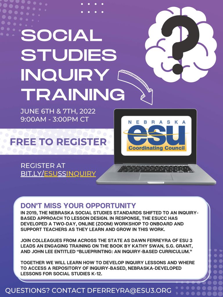 Description and contact information about the ESUCC Social Studies Inquiry Training