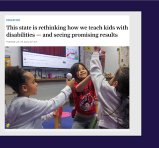 Photo linking to the article 'This state is rethinking how we teach kids with disabilities – and seeing promising results' from The Hechinger Report, featuring Nebraska’s innovative special education strategies.