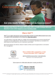 Poster about concussion education, advertising TACT- an online educational resource for teachers to help provide differentiated instruction to students with concussions.
