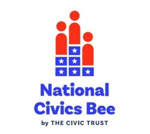 Civics Bee logo 3 people standing on stars and stripes to represent a winner's podium