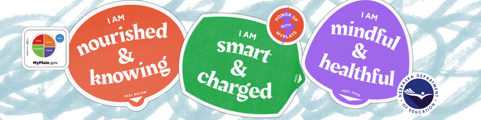 Decorative image featuring MyPlate logo and NDE logo along with I am nourished and knowing, I am smart and charged, and I am mindful and healthful stickers.