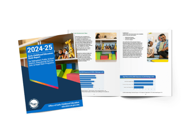 Cover of the 2024–25 Early Childhood Education State Report next to an open spread from inside the report.