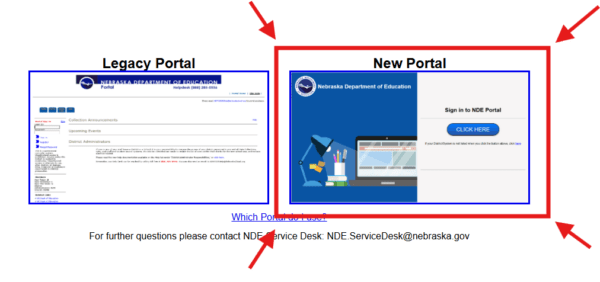 3/17/26 Screenshot of NDE portal with arrows to new portal button on the right