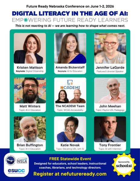 2026 Future Ready Nebraska Conference Speakers - Bridging the Digital Divide: Innovating with AI, UDL, and enhanced accessibility. Join us for free online or in person on June 2-3, 2025 . Go to nefutureready.com for more information and to register