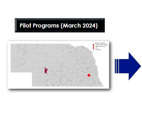 A map of Nebraska organized by school district that shows the 3 school districts partnered with the Nebraska Department of Education at the start of this program in 2024. The descriptive info below the map details that the program began with 3 Educator Preparation Providers, 3 districts, and 25 apprentices