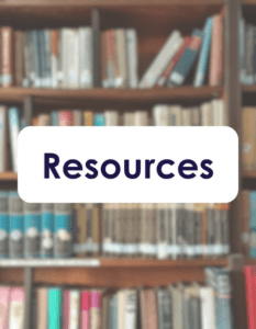 Image linking to Resources; blurred background of library bookshelves.