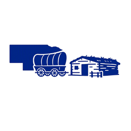 Nebraska map with sod house and covered wagon