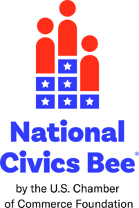 Civics Bee logo 3 people standing on stars and stripes to represent a winner's podium