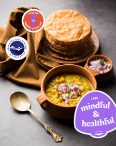 Decorative image designed to accompany social media post explaining how food tells a story. Image includes Nebraska Department of Education logo and Nebraska Team Nutrition branding stickers that read, "Fuel Up to Power Your Day" and "I am mindful & healthful".