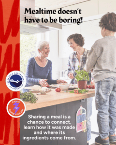 Decorative image designed to accompany social media post explaining how sharing a meal provides a chance to connect. Image includes Nebraska Department of Education logo and Nebraska Team Nutrition branding sticker that reads, "Fuel Up to Power Your Day".